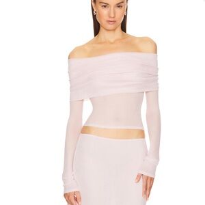 HELSA Sheer Knit Off The Shoulder Top in Ballet Pink